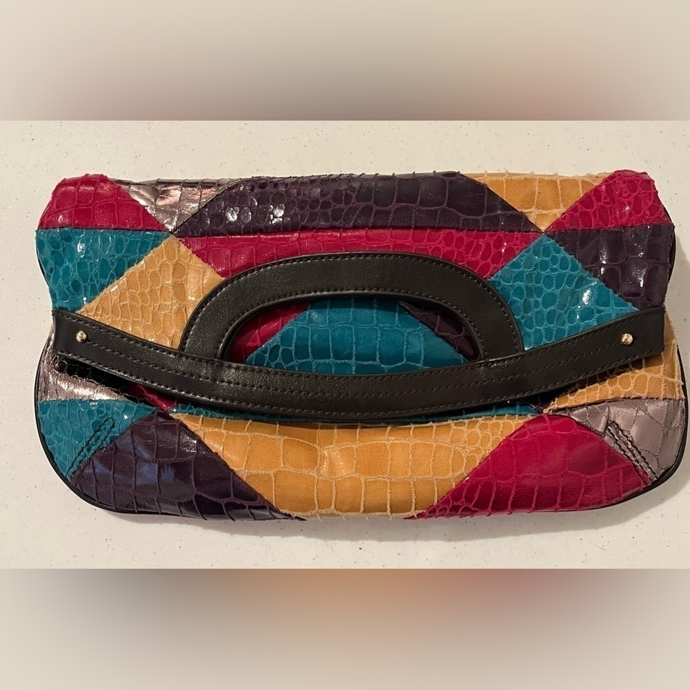 80s Style Clutch Convertible Vegan Faux Leather Colorful Patchwork Nine West - Picture 5 of 6